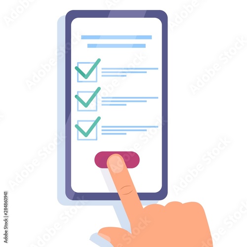 One hand holds smartphone and finger touch checklist on screen. Online survey concept. Checklist on tablet display, checkboxes with check mark. List of purchases, tasks, to do, wish list banner