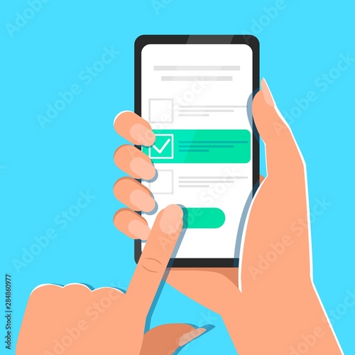 One hand holds smartphone and finger touch checklist on screen. Online survey concept. Checklist on tablet display, checkboxes with check mark. List of purchases, tasks, to do, wish list banner