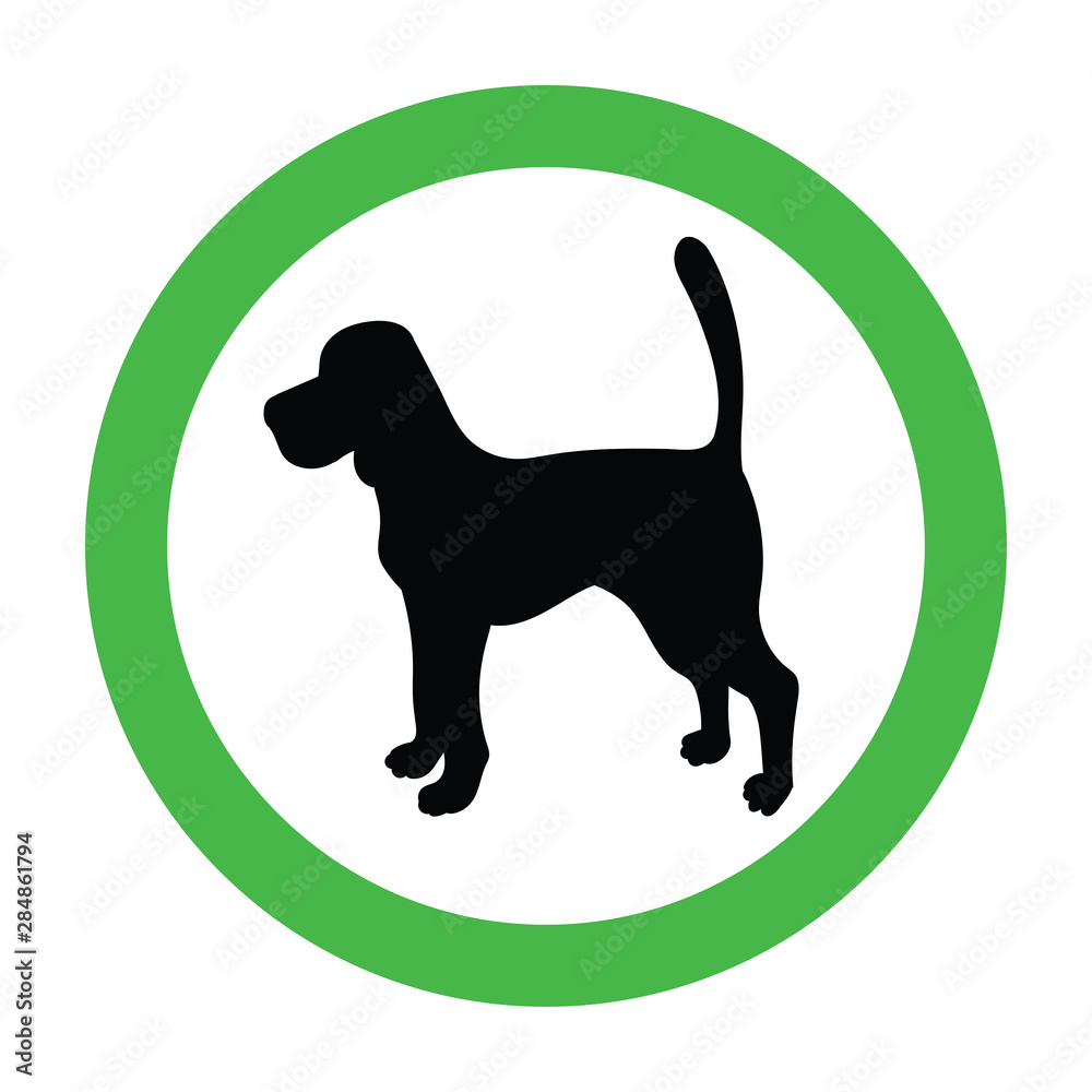 Animal friendly sign with black silhouette. Beagle. Dogs are welcome. Vector pet allowed illustration. Green circle