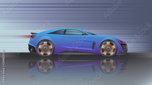 Blue purple car sports car in high-speed running. Realistic Design violet super car. Vector illustration.