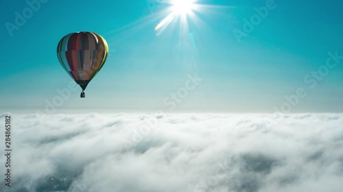 Balloon above clouds, aerial timelapse. Ballooning.  Concept of adventure, fun, flight