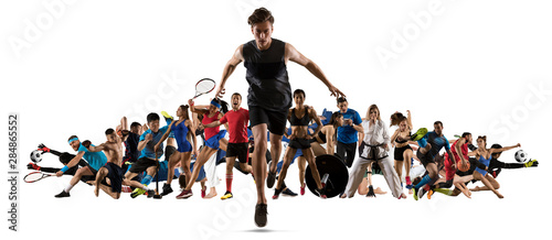 Sport collage. Running  soccer  fitness  bodybuilding  tennis  fighter and basketball players