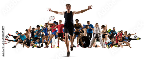Sport collage. Running  soccer  fitness  bodybuilding  tennis  fighter and basketball players