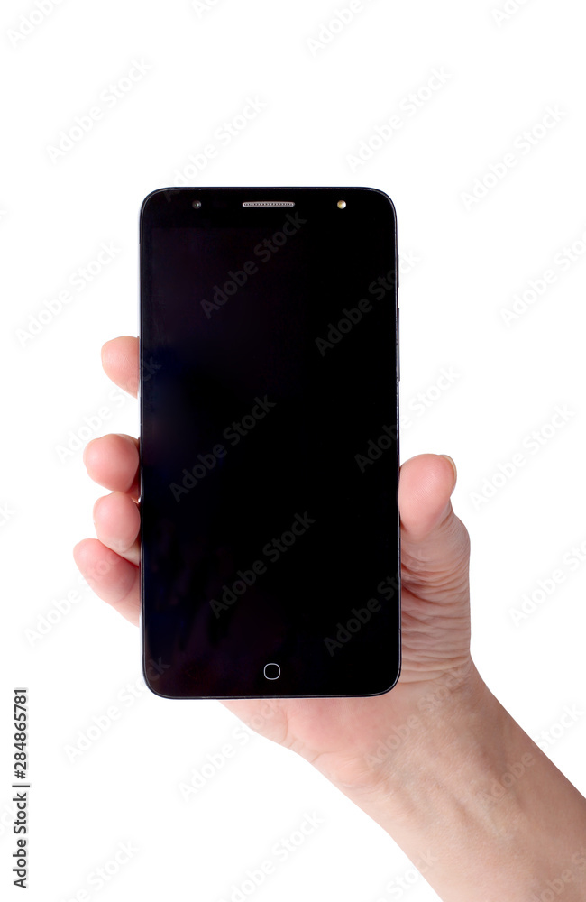Female hand with smartphone on a white background Female hand with smartphone on a white background