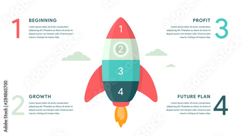 Vector Rocket for Business infographics concept with 4 options, parts, steps, processes. 16x9 slide clean white template