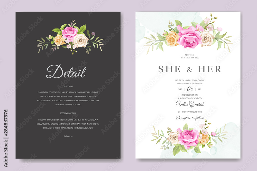 beautiful invitation card with colourful floral and leaves template