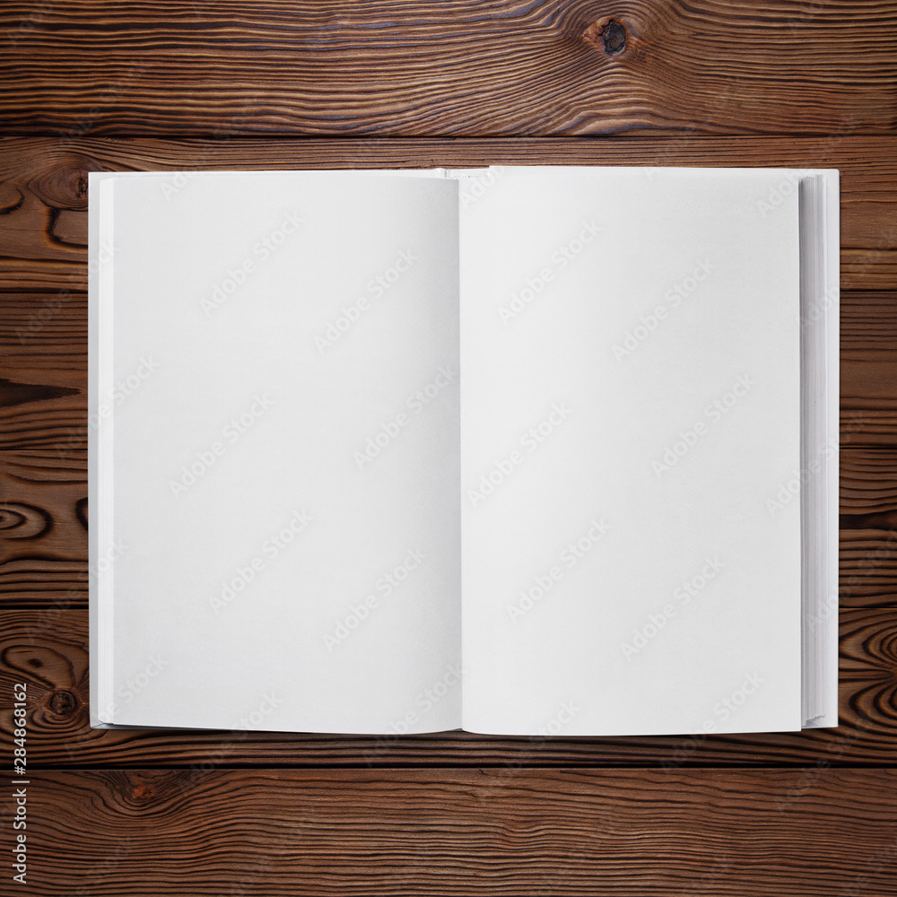 Open book with blank pages, view from above, on dark wooden background Open book with blank pages, view from above, on dark wooden background