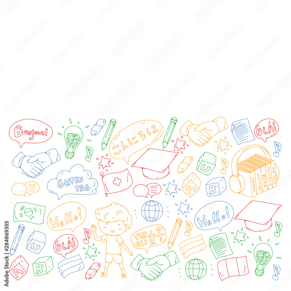 Vector pattern for language class, online courses. English, arabic, italian, japanese, spanish, chinese, german. Vector pattern for language class, online courses. English, arabic, italian, japanese, spanish, chinese, german.