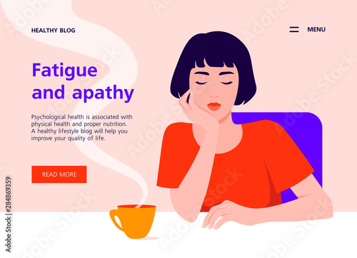 A tired Asian woman sits at the table and holds her head in her hand. Apathy and depression. Boring study and work. Website template for health and lifestyle. Vector flat illustration