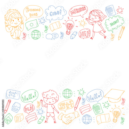 Vector pattern for language class, online courses. English, arabic, italian, japanese, spanish, chinese, german.