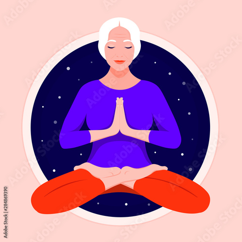 An elderly woman sits in a lotus position and meditates. Grandmother practices yoga and levitates against the background of the night starry sky. Vector flat illustration