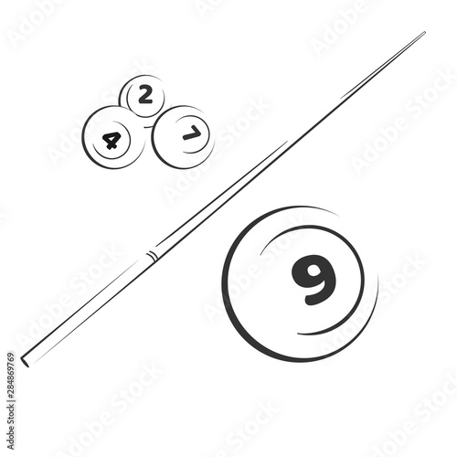 Billiard snooker elements balls with numbers and sticks. Black and white vector illustration set