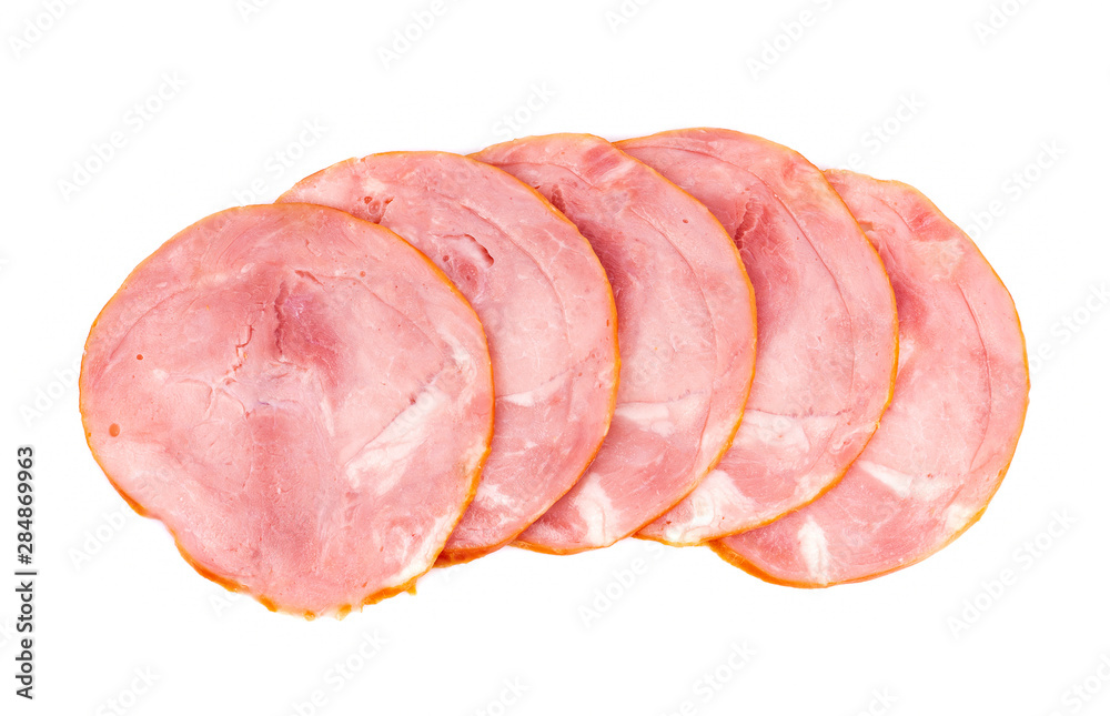 Sliced smoked ham isolated on white background Sliced smoked ham isolated on white background