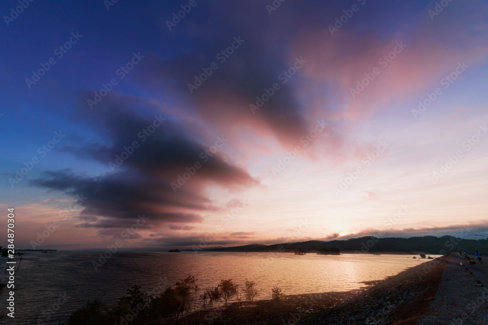 Scenery light of  sunrise  at countryside over river with   silhouette