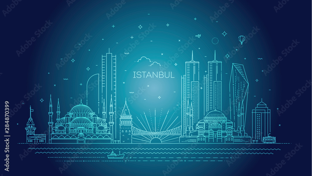 Fototapeta premium Istanbul skyline, vector illustration in linear style