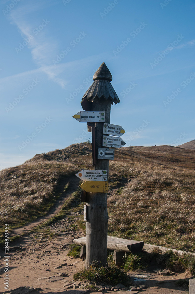 Hiking sign at Bieszczady Mountains in Poland Eastern Carpathians Hiking sign at Bieszczady Mountains in Poland Eastern Carpathians
