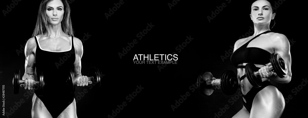 Sport concept. Black and white photo. A strong athletic, women isolated on black with dumbbells, wearing in the sportswear, fitness and sport motivation. Individual sports. Sports recreation.