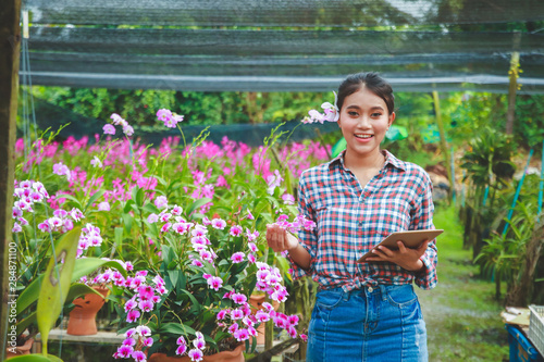 Female Orchid Garden Owner in Thailand Hold a tape to send information on the Internet. To foreign customers.
