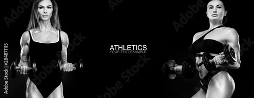 Sport concept. Black and white photo. A strong athletic, women isolated on black with dumbbells, wearing in the sportswear, fitness and sport motivation. Individual sports. Sports recreation. © Mike Orlov