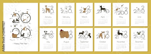 Monthly Creative Calendar 2020 with dog breeds for dog breeders and dog lovers