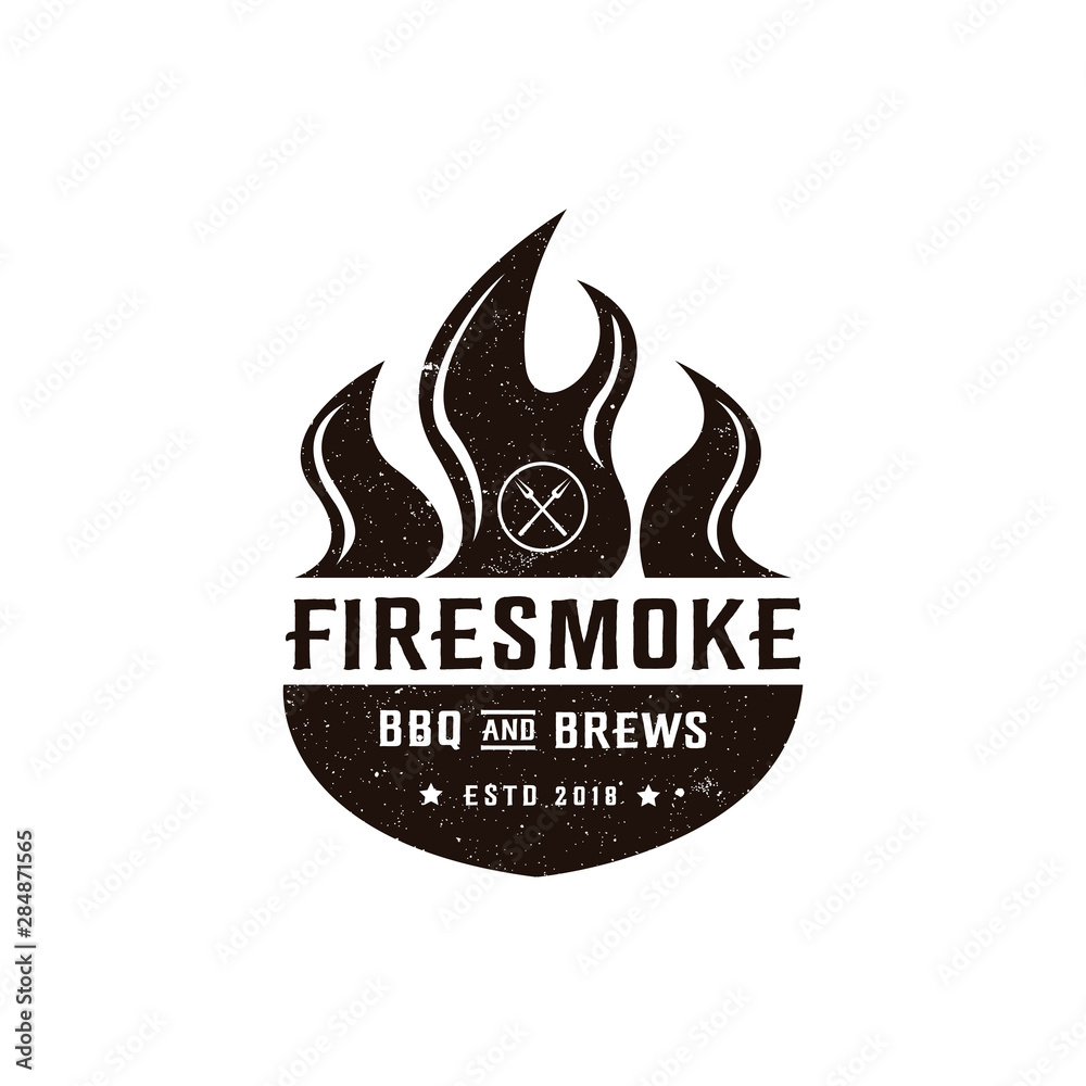 Vintage Grill Barbeque logo icon, bbq with crossed fork and fire flame ...