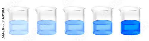 Vector set of chemical beakers with different concentration of blue substance solution. Color gradient from light to dark.  Full laboratory glassware with calibration standard preparation isolated.