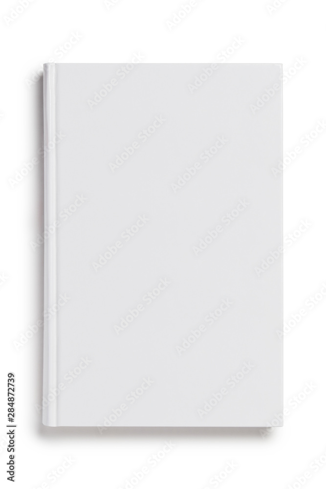 Blank white hard cover book, view from above, isolated on white background