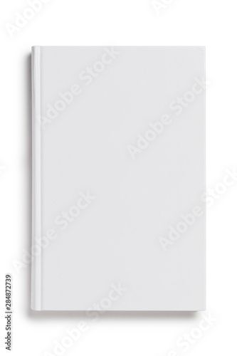 Blank white hard cover book, view from above, isolated on white background