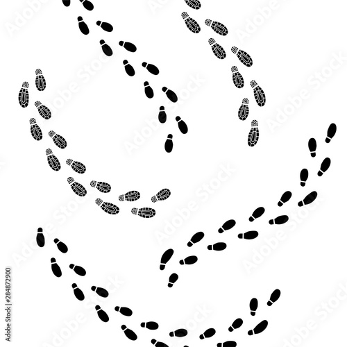 Foot print brushes, isolated on white. Shoe's sole trace silhouette of a walker. Black boot flat path illustration isolated on white background. Person footstep trail with ends and beginning.