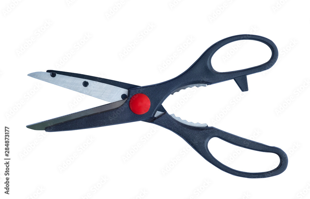 Kitchen scissors of black plastic isolated on a white background. with Clipping path. Kitchen scissors of black plastic isolated on a white background. with Clipping path.