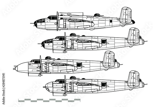 North American B-25 Mitchell. Outline vector drawing photo