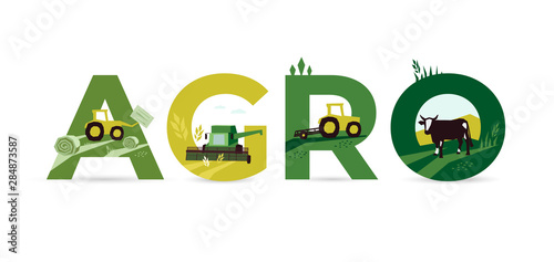 Letters AGRO with Illustrations of agriculture, tractor, farm land, cow, hayfield, haystack rolls, livestock, harvest, combine harvester. Template for banner, annual report, prints,flyer, booklet, web photo