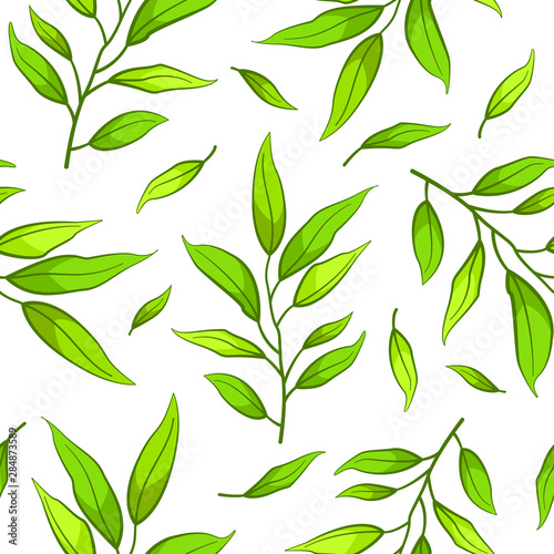 Vector floral seamless pattern with green leaves. Design for fabric  wallpaper  textile  web design. Isolated on white.