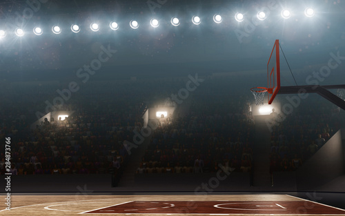Empty professional basketball court. Floodlit background © TandemBranding