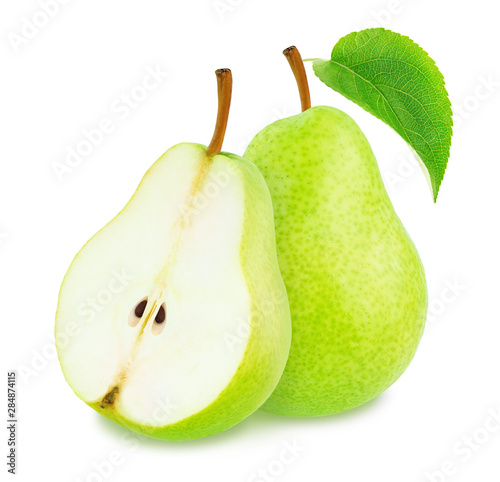 Composition with whole and cutted green pears isolated on a white background.