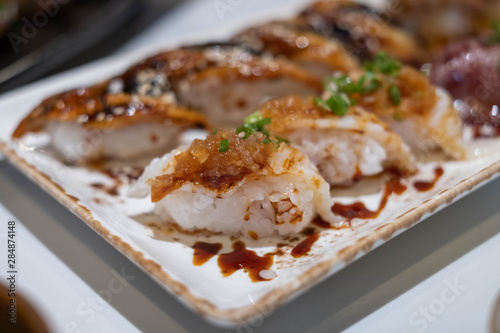 Engawa sushi, flatfish fin with rice, Japanese tradition food.