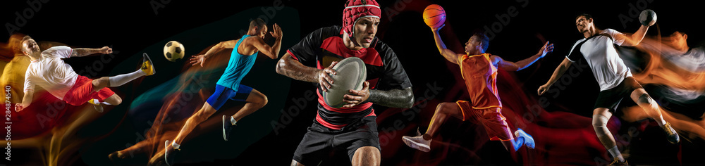 Creative collage of photos of 5 models on black in mixed light. Advertising, sport, healthy lifestyle, motion, activity, movement concept. American football, soccer, tennis volleyball basketball rugby Creative collage of photos of 5 models on black in mixed light. Advertising, sport, healthy lifestyle, motion, activity, movement concept. American football, soccer, tennis volleyball basketball rugby