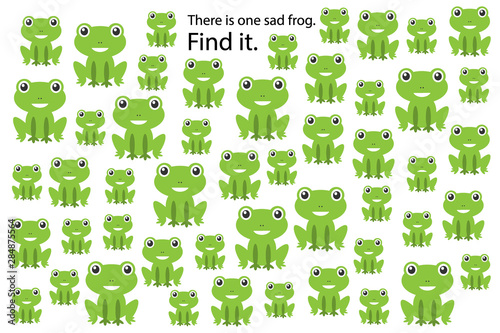 Find sad frog, education puzzle game for children, preschool worksheet activity for kids, task for the development of logical thinking and mind, vector illustration