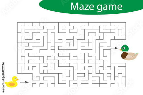Labyrinth game, help the duckling to find a way out of the maze, cute cartoon character, preschool worksheet activity for kids, task for the development of logical thinking, vector illustration