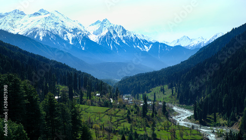Beautiful mountain view of Pahalgam in Kashmir, India. Stunning view of snow ,tourist and travel concept.