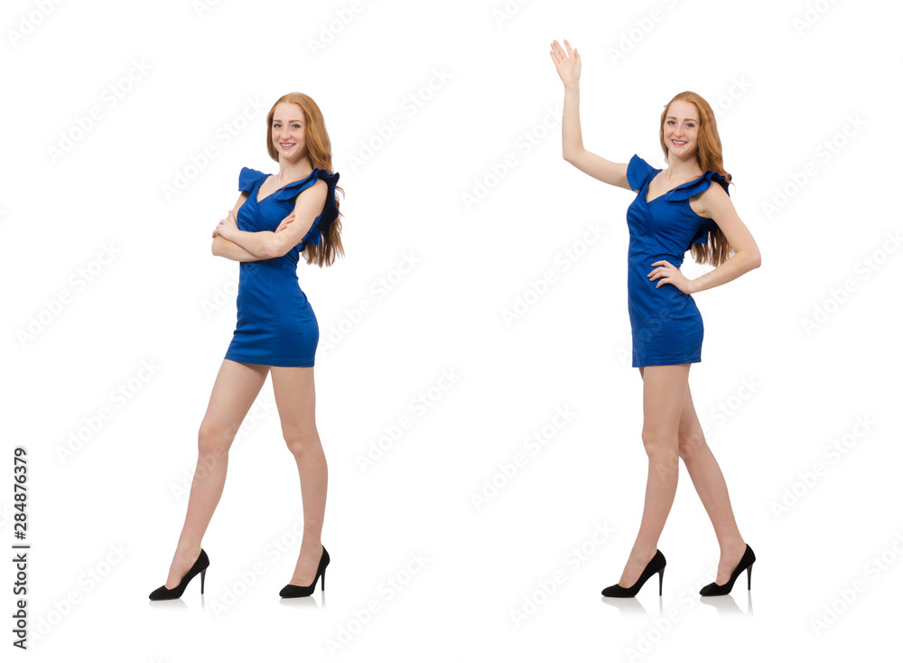 Beautiful lady in dark blue dress isolated on white Beautiful lady in dark blue dress isolated on white