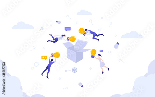 Flat icon design of flying people put lightbulb in box on white color background