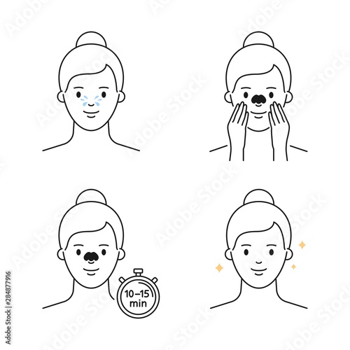 Pore cleansing, blackheads treatment procedure, nose pack icons