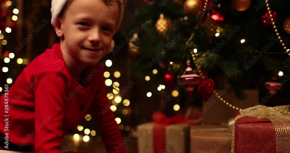 A little boy in a Christmas cap is playing with toys on the tree in luxurious apartment with christmas lights and decorations. Merry Christmas, happy New Year. Miracle time. A little boy in a Christmas cap is playing with toys on the tree in luxurious apartment with christmas lights and decorations. Merry Christmas, happy New Year. Miracle time.