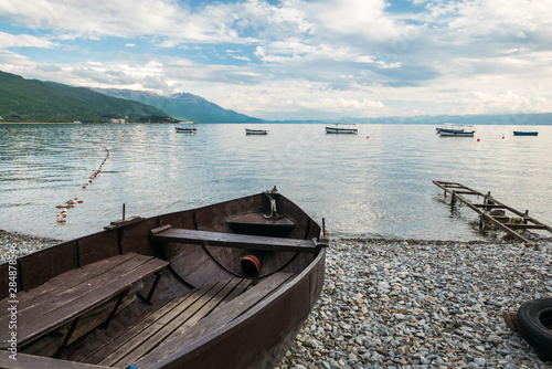 boats on Lake Ohrid in Macedonia with mountains in the background