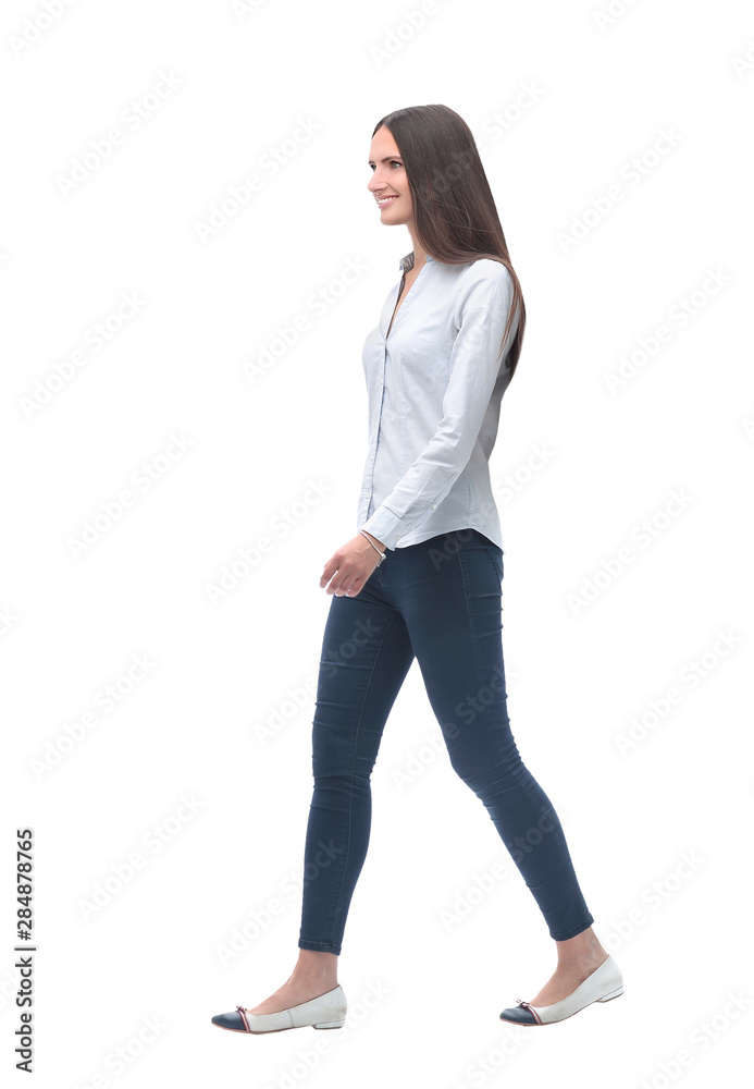 smiling young woman stepping forward. isolated on white smiling young woman stepping forward. isolated on white