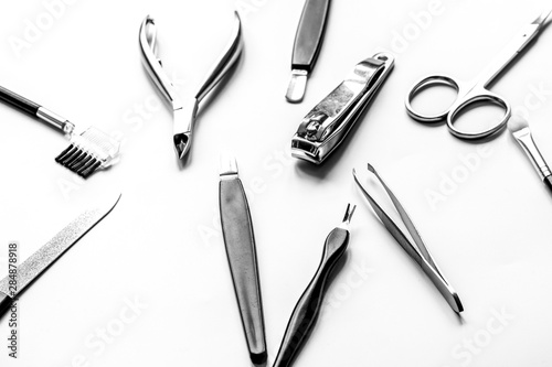set of metallic manicure tools macro