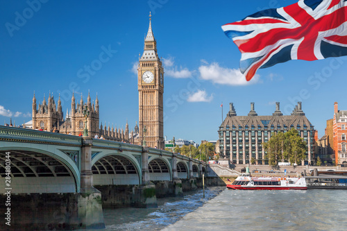 Obraz na plátne Big Ben and Houses of Parliament with boat in London, England, UK
