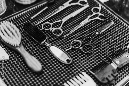 Barber tools. Hairdresser's workplace. A great plan. Black and white photo.