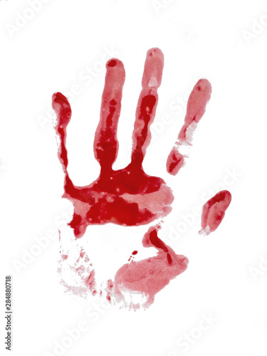 Bloody hand print, isolated on white. Female.